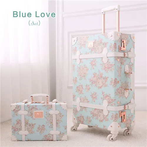 13" 20" 22" 24" 26" Girl Vintage Blue Floral Travel Trolley Luggage Suitcase, Women Retro Travel