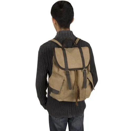 16 Oz Canvas Backpack Vintage Design W/Leather Trim, 3306 Khaki