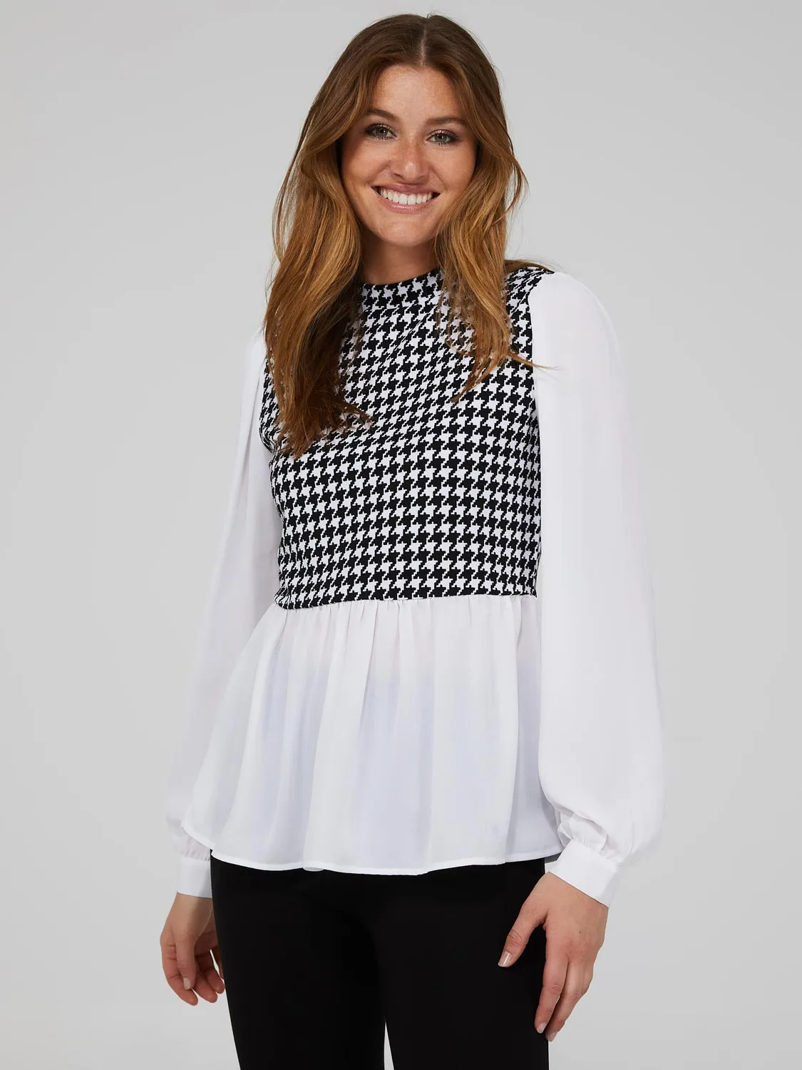 2-Fer Houndstooth Vest With Crepe Long Sleeve Top