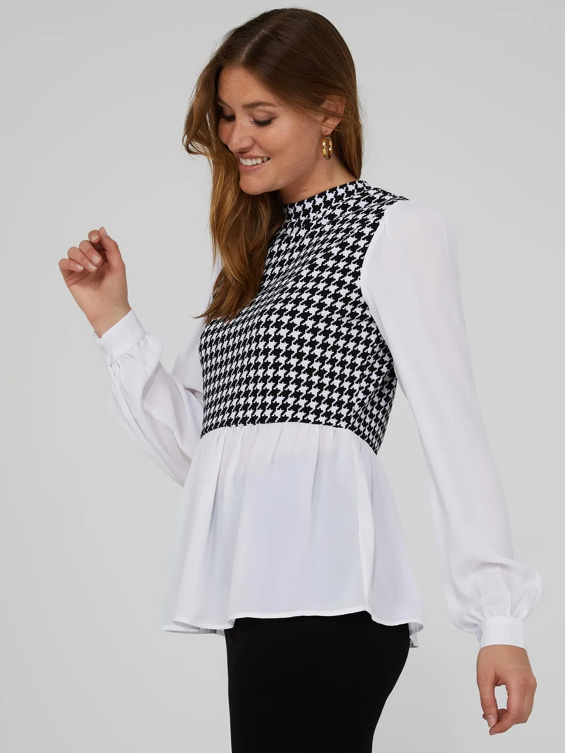 2-Fer Houndstooth Vest With Crepe Long Sleeve Top