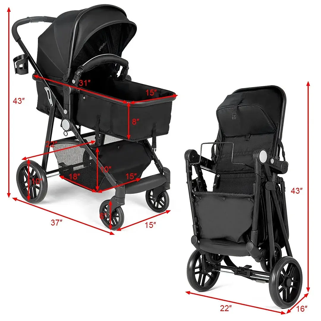 2 In 1 Foldable Baby Stroller Kids Travel Newborn Infant Buggy Pushchair - Black