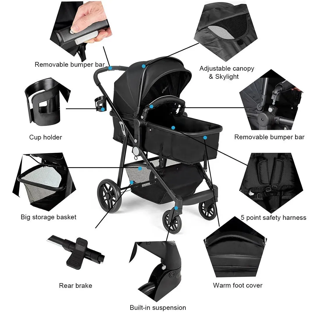 2 In 1 Foldable Baby Stroller Kids Travel Newborn Infant Buggy Pushchair - Black