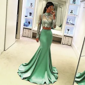 2 piece prom dresses lace appliqué mint green evening dresses high neck elegant mermaid evening gown