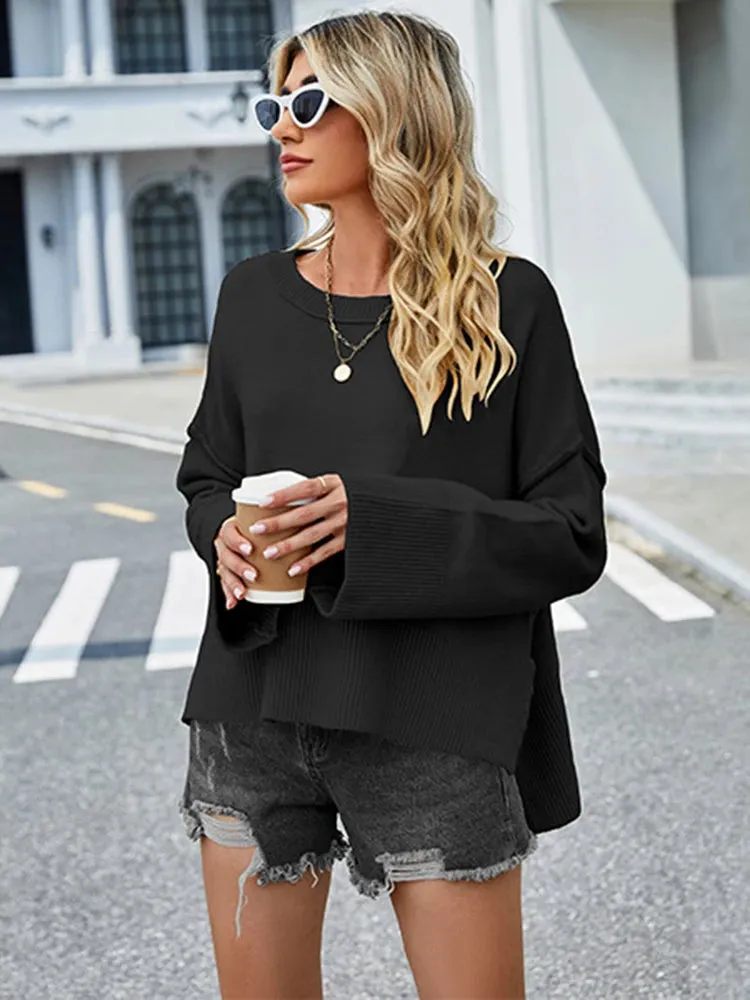 2024 Winter New Round Neck Women's Christmas Bell Sleeve Solid Color Casual Pullover Sweater