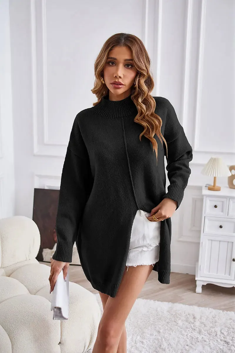 2024 Winter New Solid Color Half Turtleneck Fashion Mid-length Slit Dress Sweater