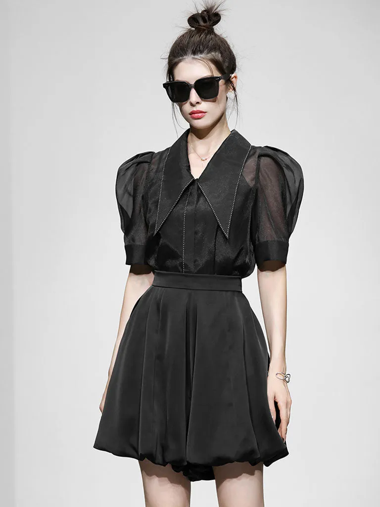 3PS Black Pointed Big Lapel Puff Sleeves Organza Top And High Waist Bloomers Set