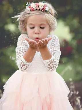 A-Line Scoop Tea-Length 3/4 Sleeves Pink Flower Girl Dresses with Lace Ruffles, TYP1027