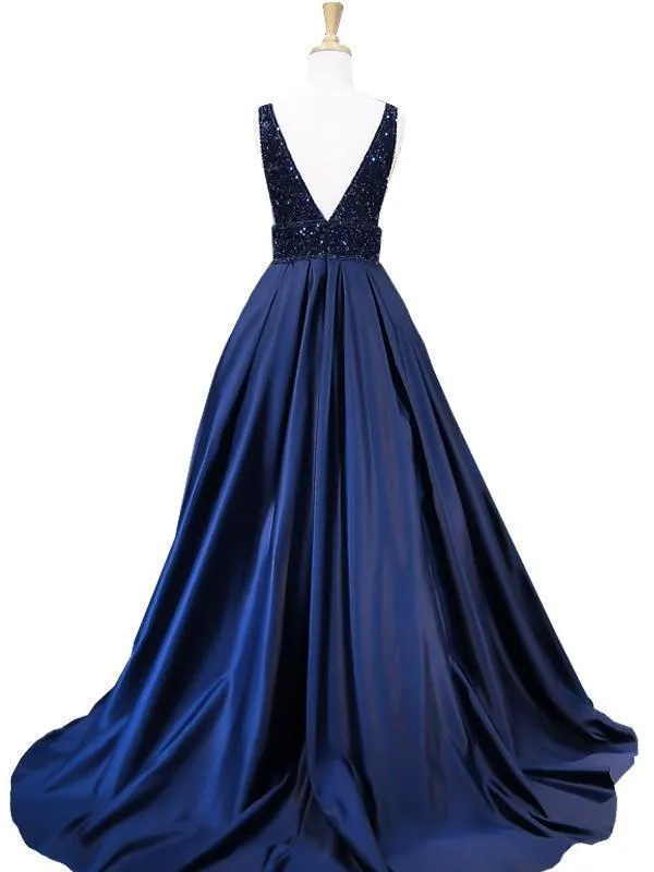 A-line V-neck Beaded Bodice Formal Dress Navy Blue Satin Long Prom Dresses 2019, TYP1221