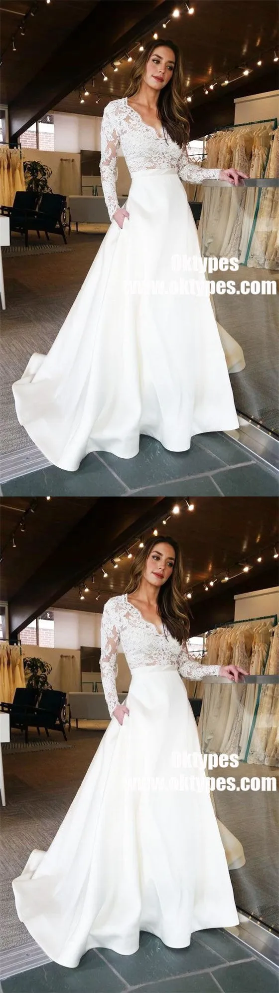 A-Line V-Neck Lace Top Long Sleeves Satin Wedding Party Dress with Pockets, TYP0896