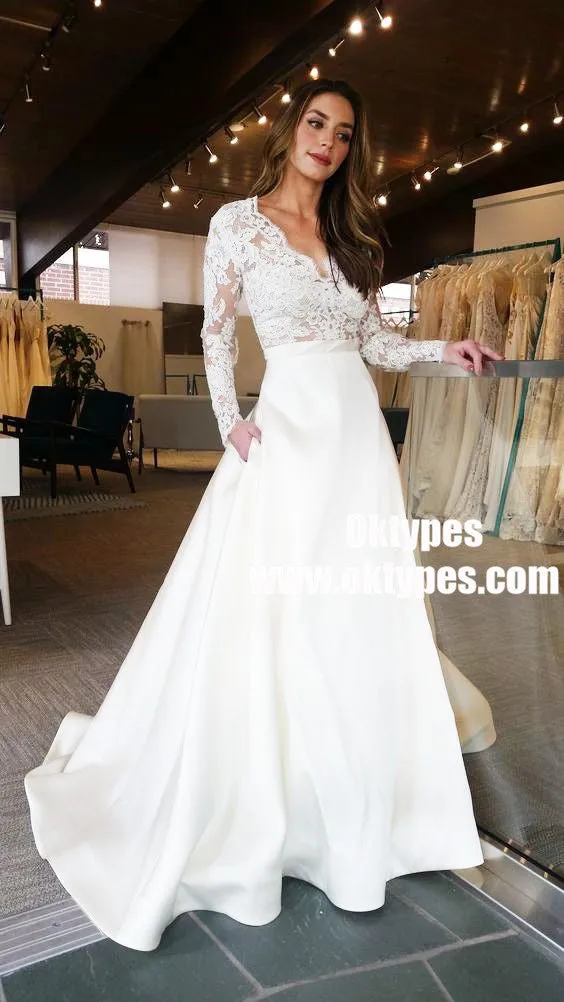 A-Line V-Neck Lace Top Long Sleeves Satin Wedding Party Dress with Pockets, TYP0896