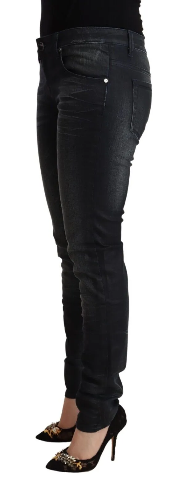 Acht Black Washed Cotton Low Waist Slim Fit Denim Jeans