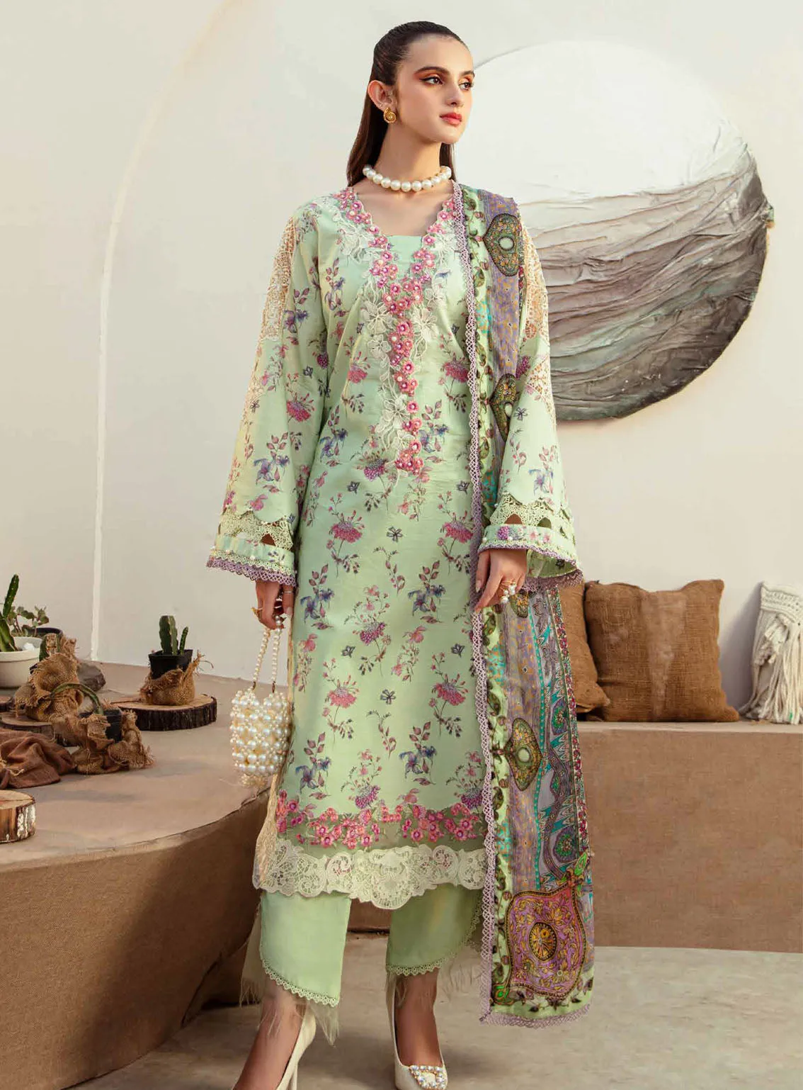 Alif Affordable By AJR Couture Embroidered Lawn 3 Piece Unstitched Suit AJR24AA AFL-08 MINT Magic