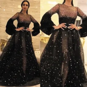 arabic prom dresses 2020 flare sleeve beaded crystals luxury black prom gown vestido de festa