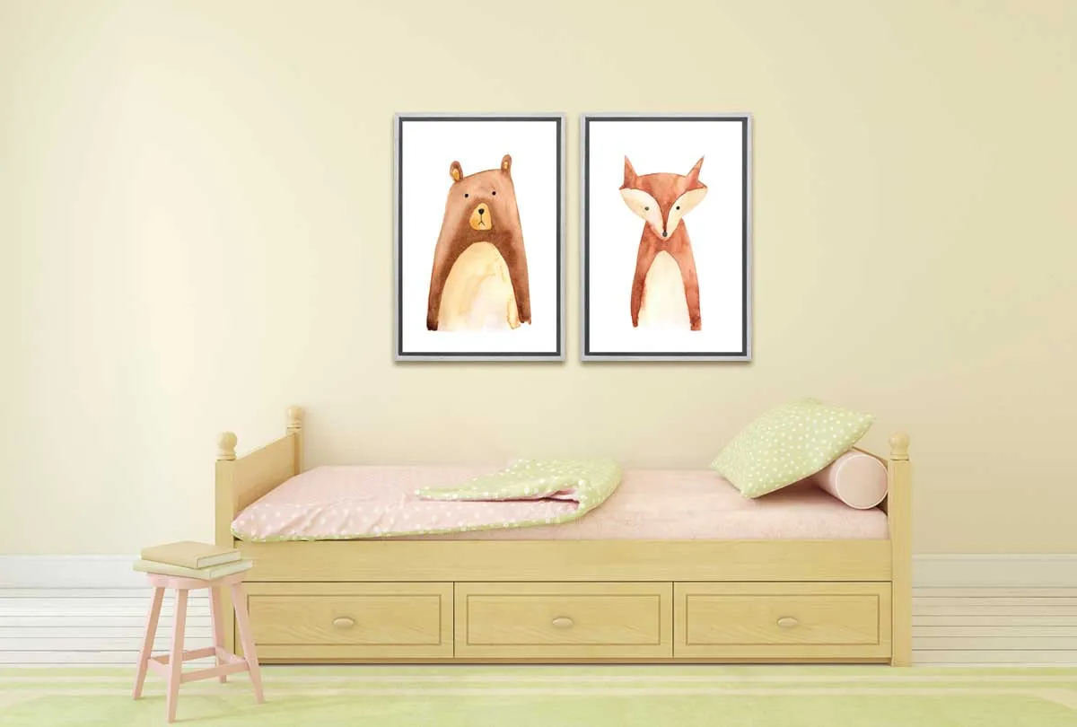 Bear & Fox | Kids Woodland Animal Print Set | Canvas Wall Art Decor