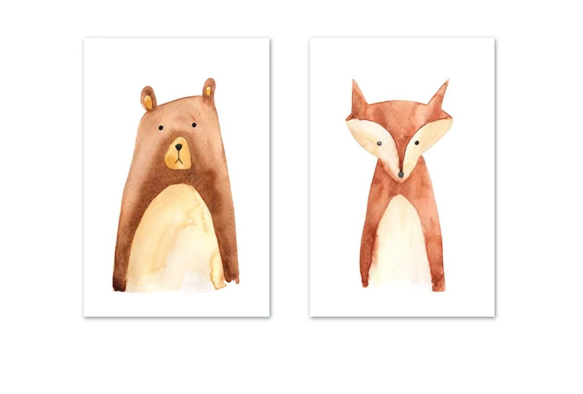 Bear & Fox | Kids Woodland Animal Print Set | Canvas Wall Art Decor