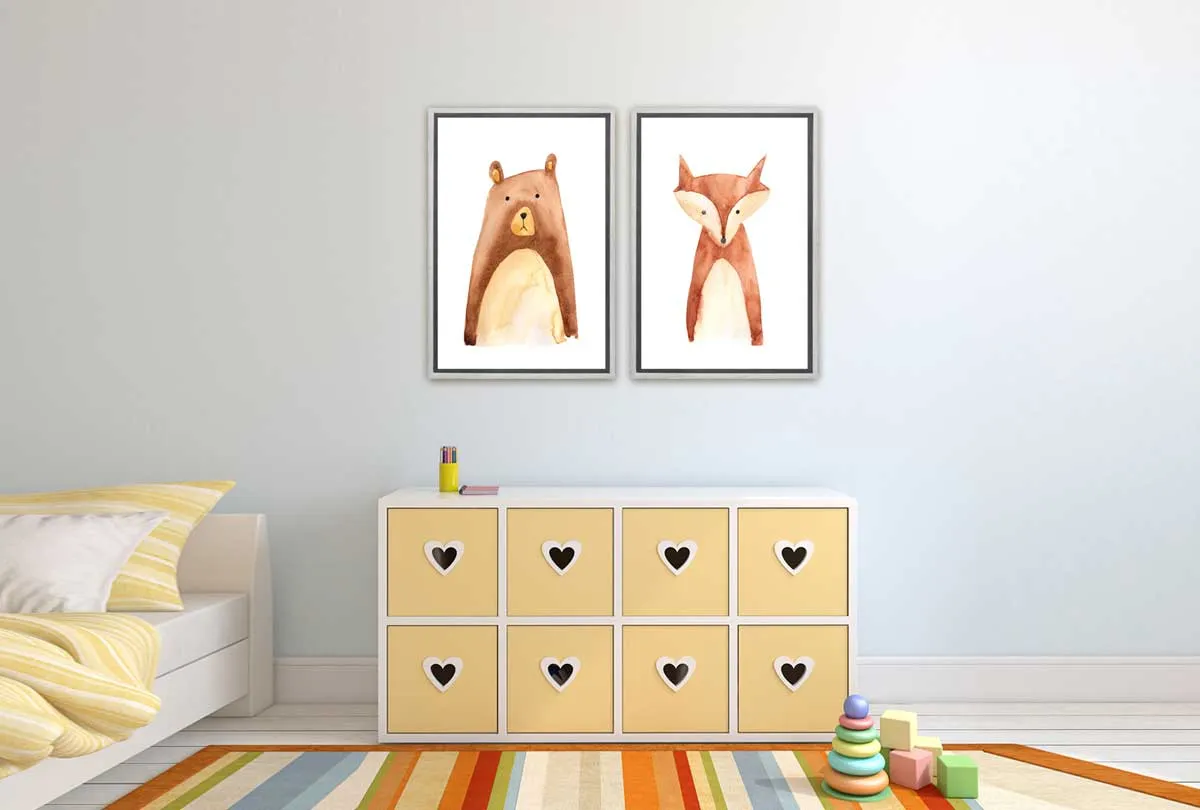 Bear & Fox | Kids Woodland Animal Print Set | Canvas Wall Art Decor