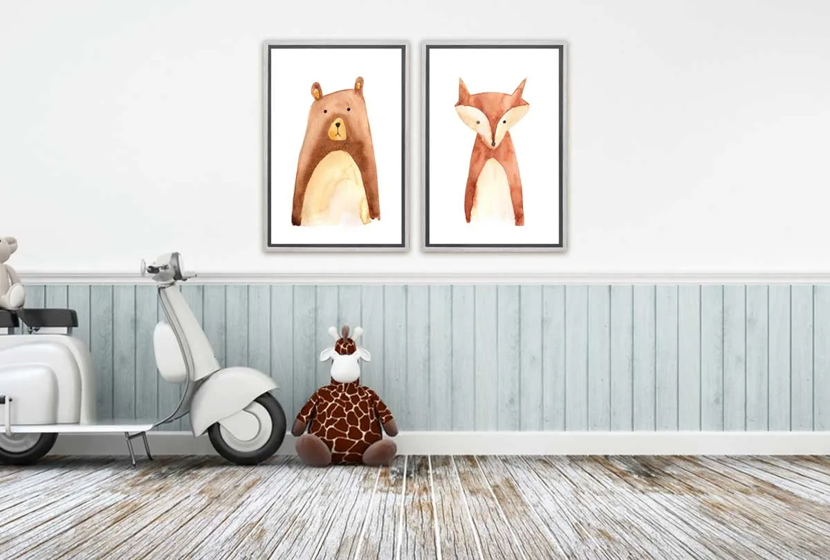 Bear & Fox | Kids Woodland Animal Print Set | Canvas Wall Art Decor