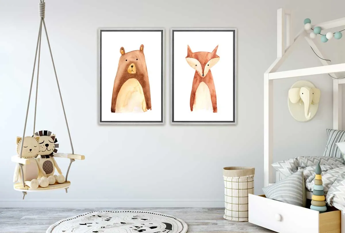 Bear & Fox | Kids Woodland Animal Print Set | Canvas Wall Art Decor