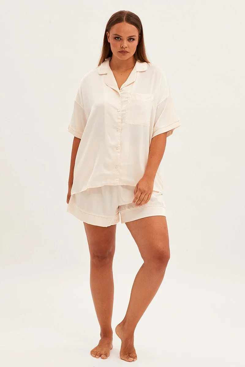 Beige Short Sleeve Top And Shorts Satin Pyjama Set