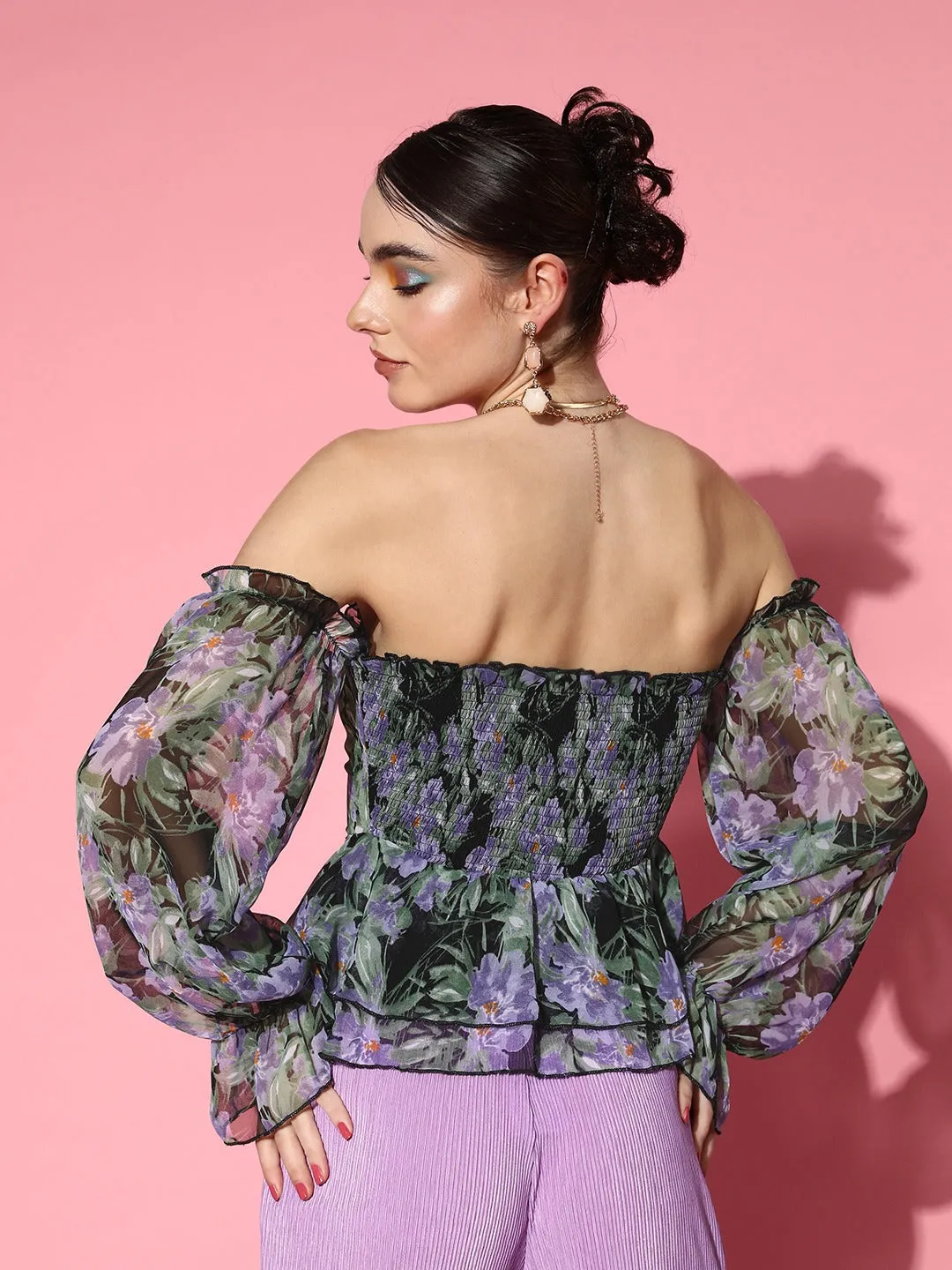 Berrylush Women Black & Purple Floral Printed Off-Shoulder Neck Bishop Sleeves Georgette Smocked Peplum Regular Top