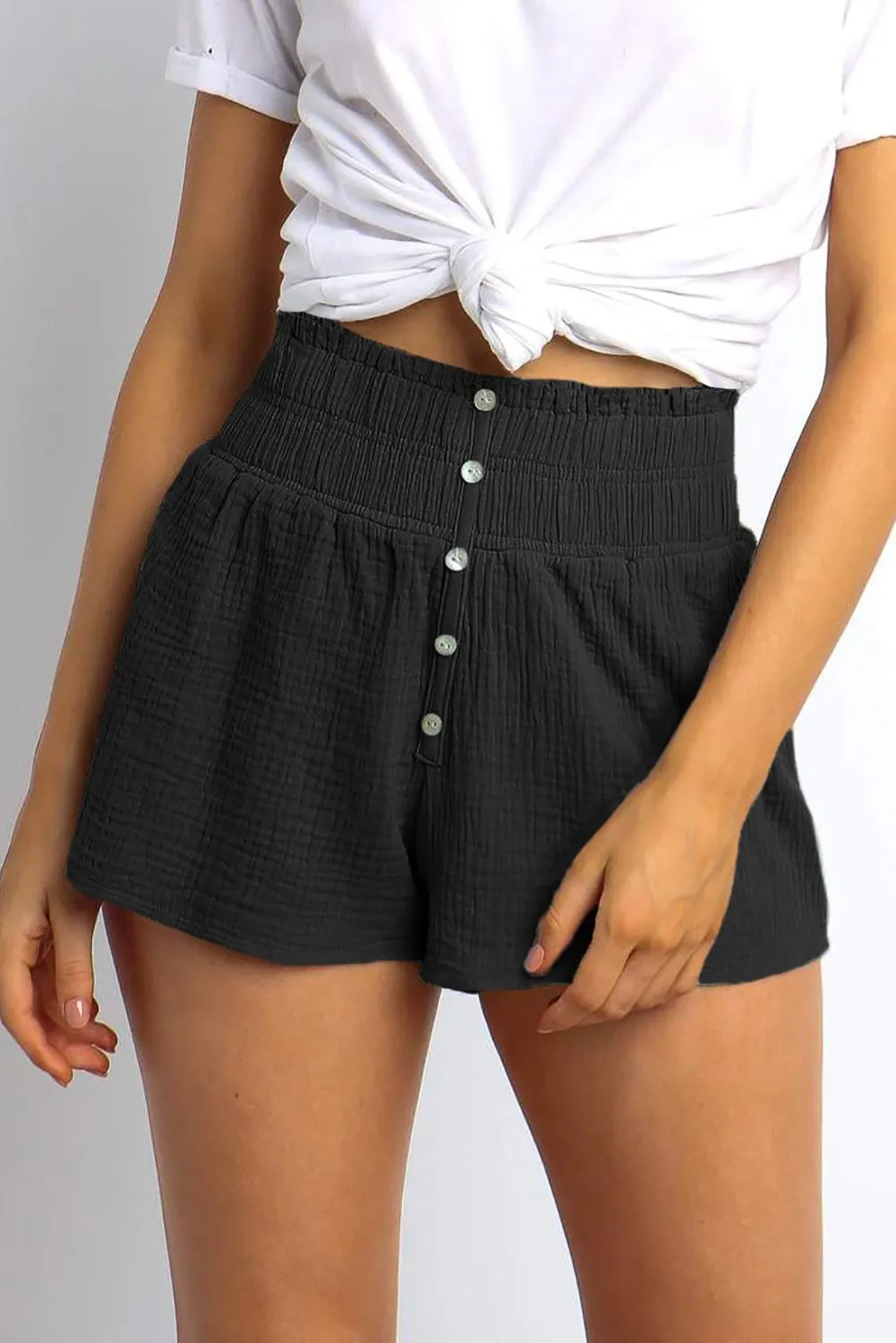 Black Crapy High Waist Shorts