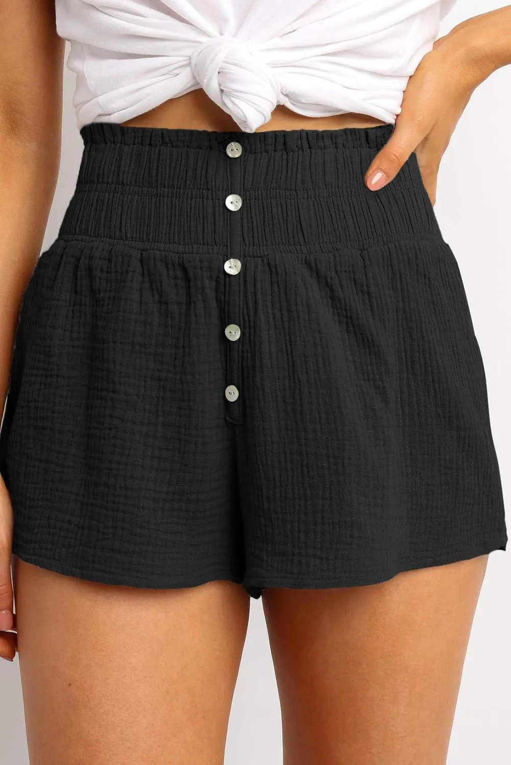 Black Crapy High Waist Shorts