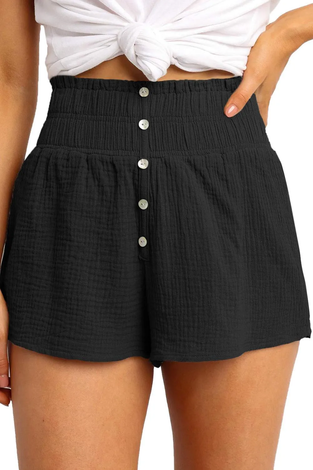 Black Crapy High Waist Shorts