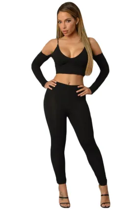 Black Cut out Shoulder Top & Pant Set