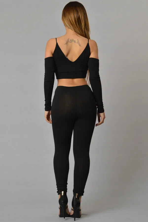 Black Cut out Shoulder Top & Pant Set