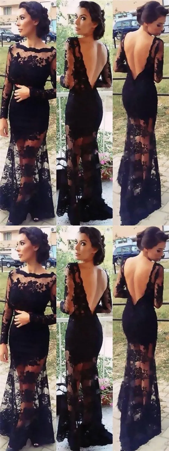 Black Scoop Long Sleeve V-back lace Cheap Prom Evening Dresses Online, TYP1130