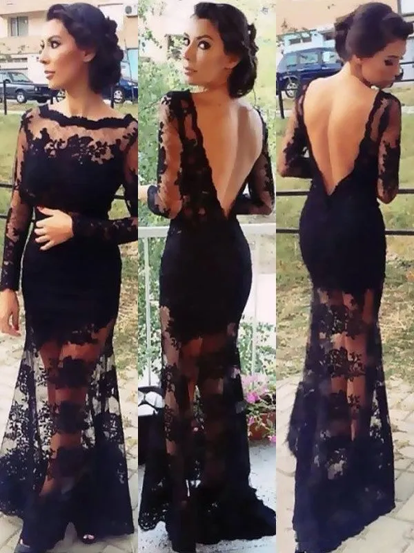 Black Scoop Long Sleeve V-back lace Cheap Prom Evening Dresses Online, TYP1130