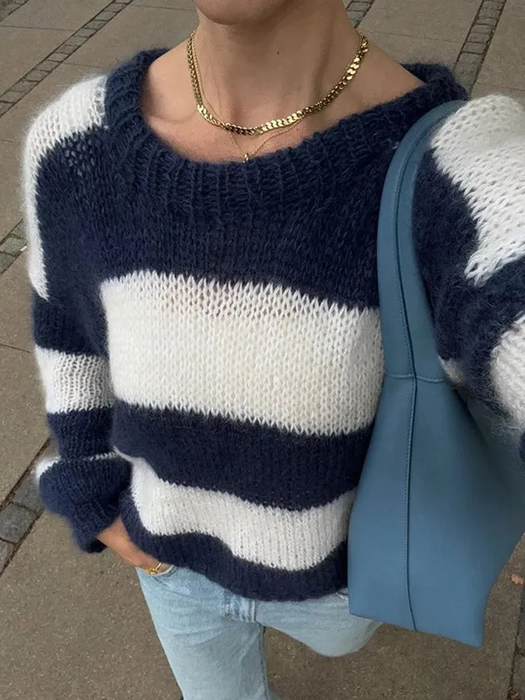 Blue And White Striped Knitted Pullovers Women Casual Long Sleeve Round Neck Sweater