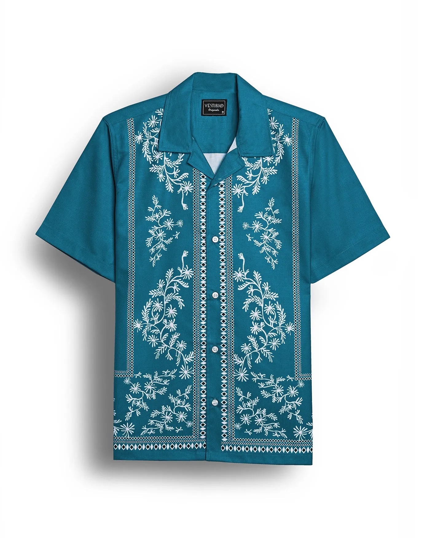 Blue border printed camp collar shirt for men