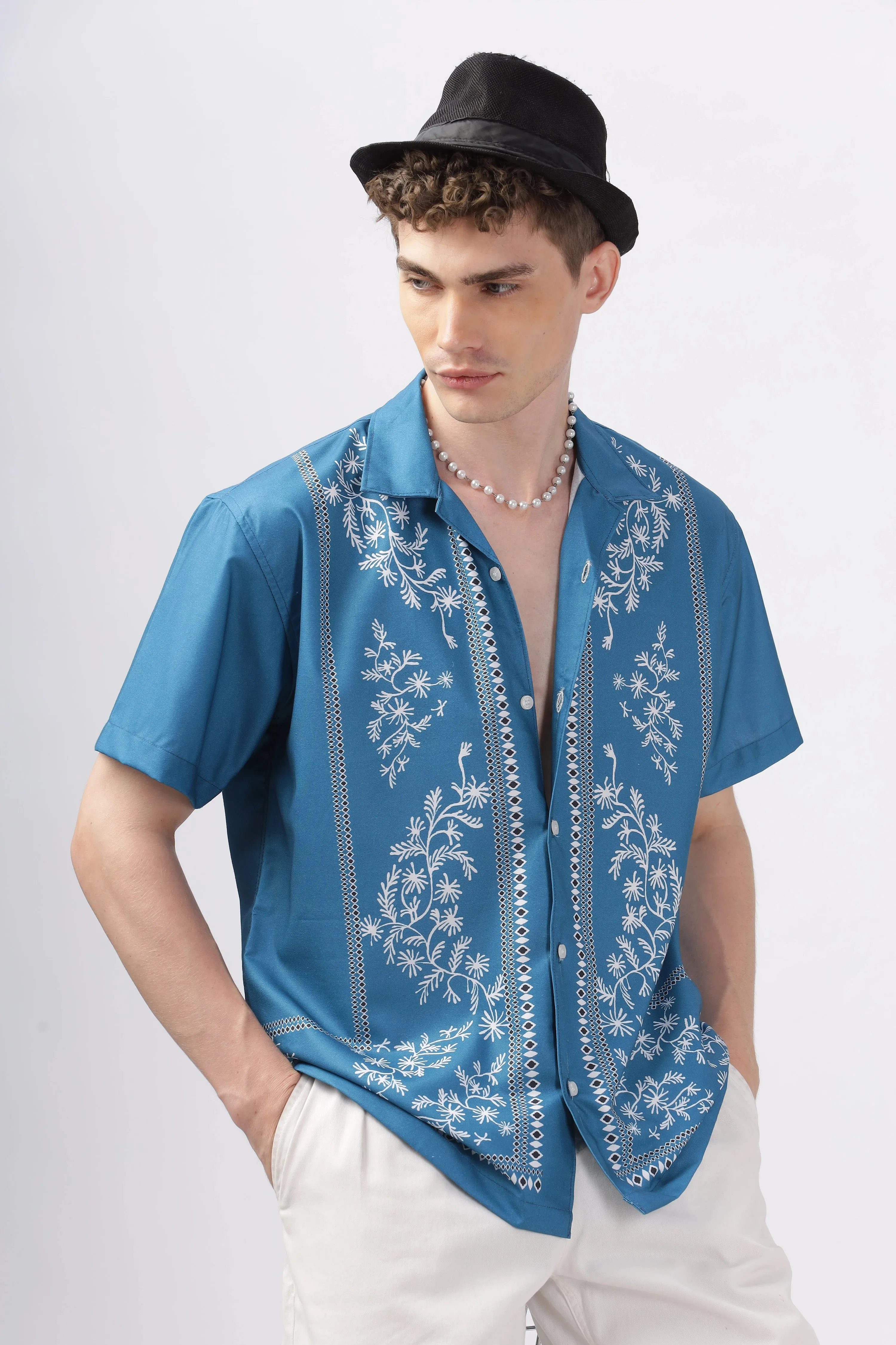 Blue border printed camp collar shirt for men