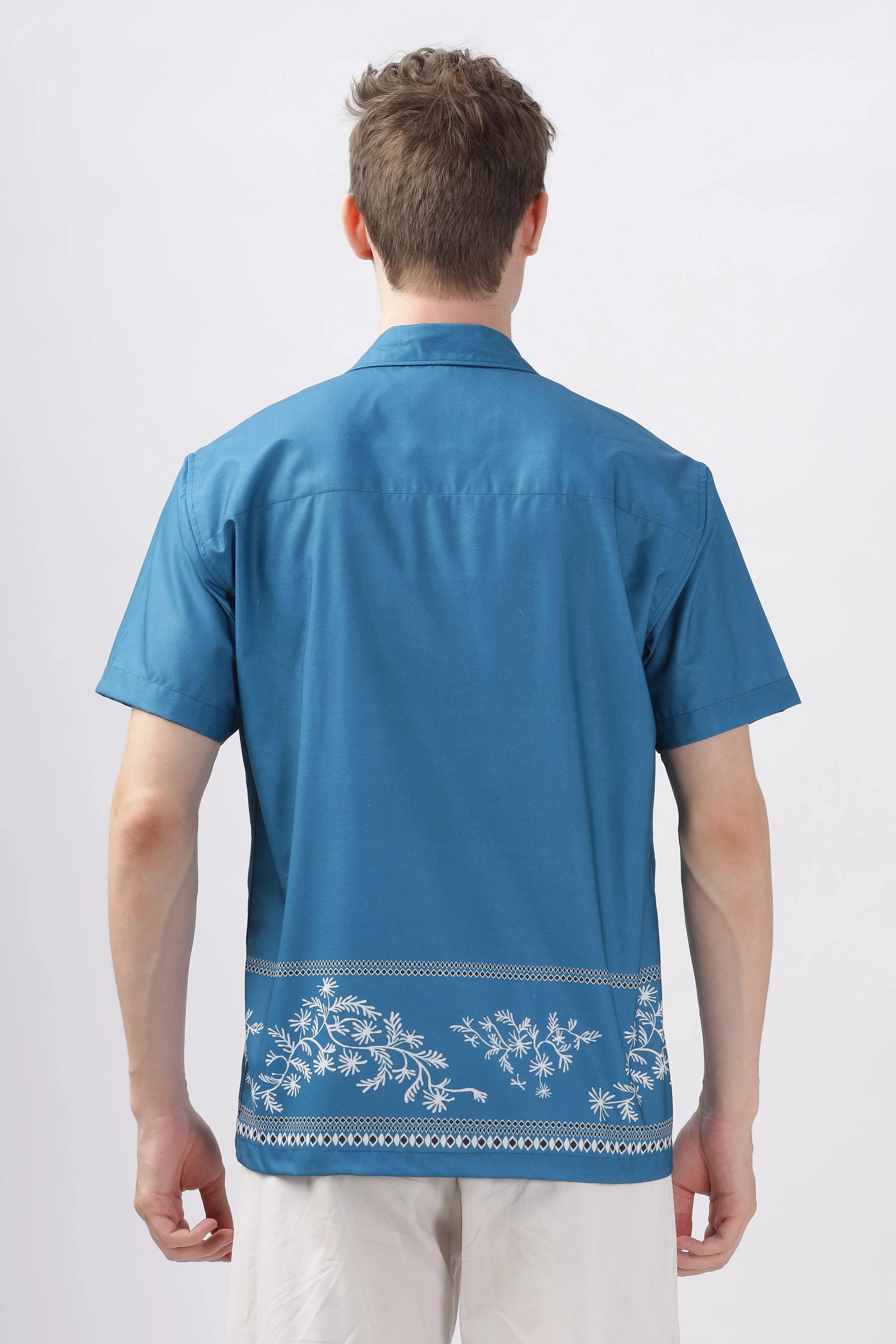 Blue border printed camp collar shirt for men