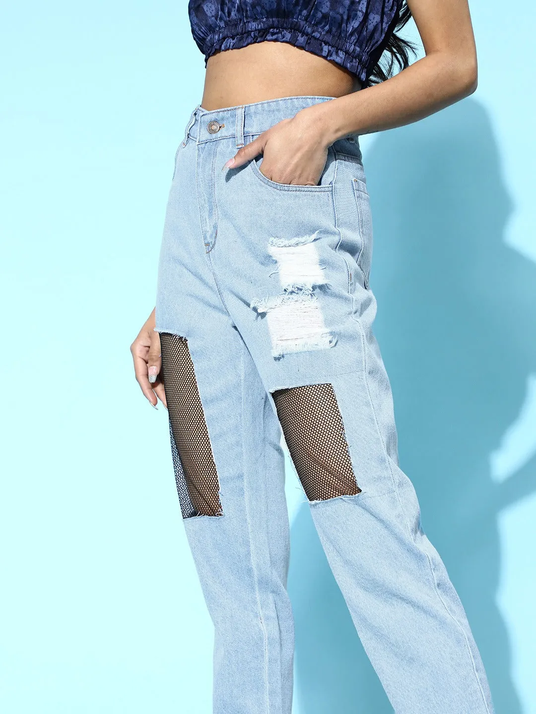 Blue Mesh Net Cut Out Jeans