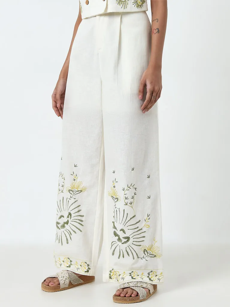 Bombay Paisley Ivory Floral High-Rise Cotton Blend Pants