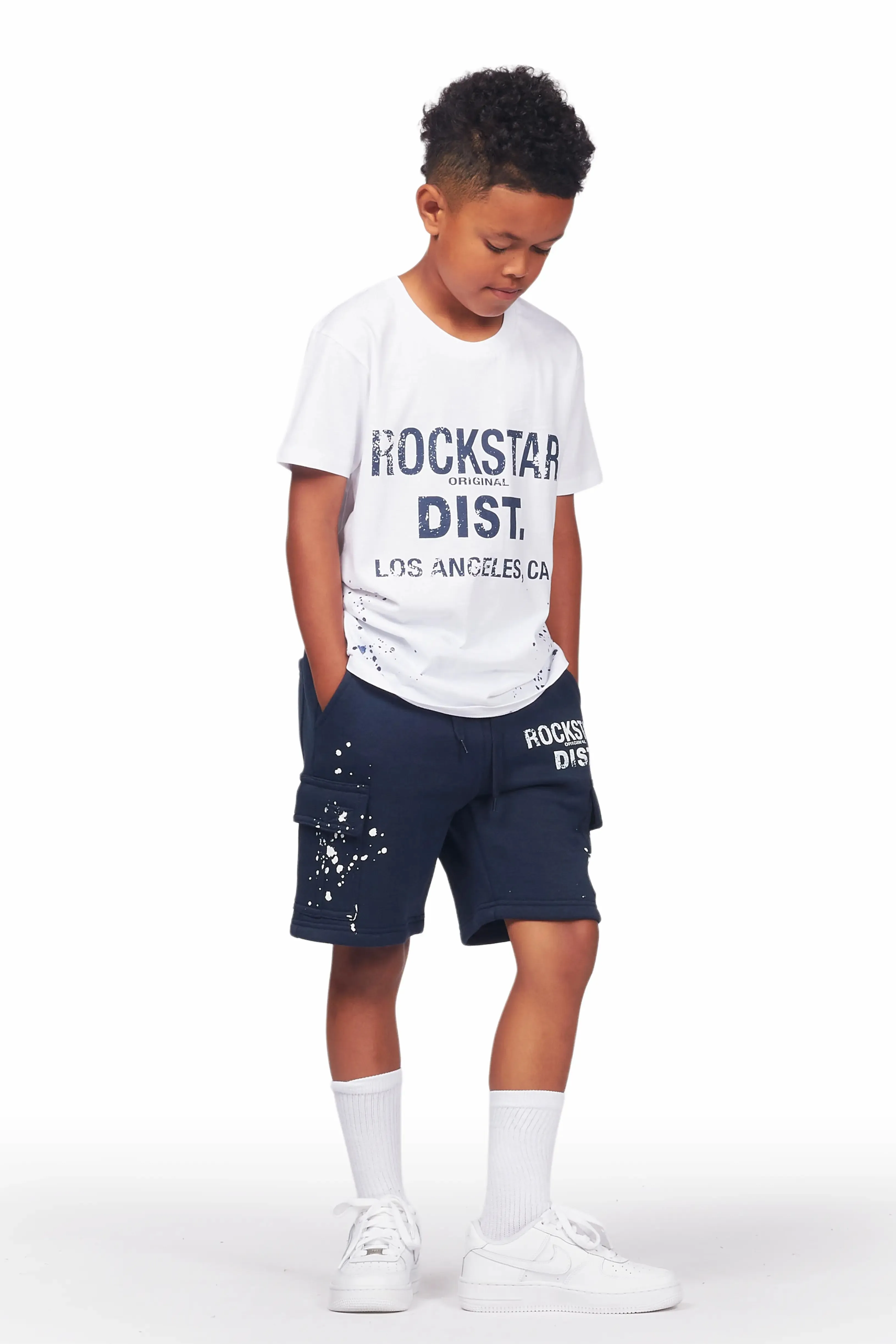 Boys Basim White/Navy T-Shirt Short Set