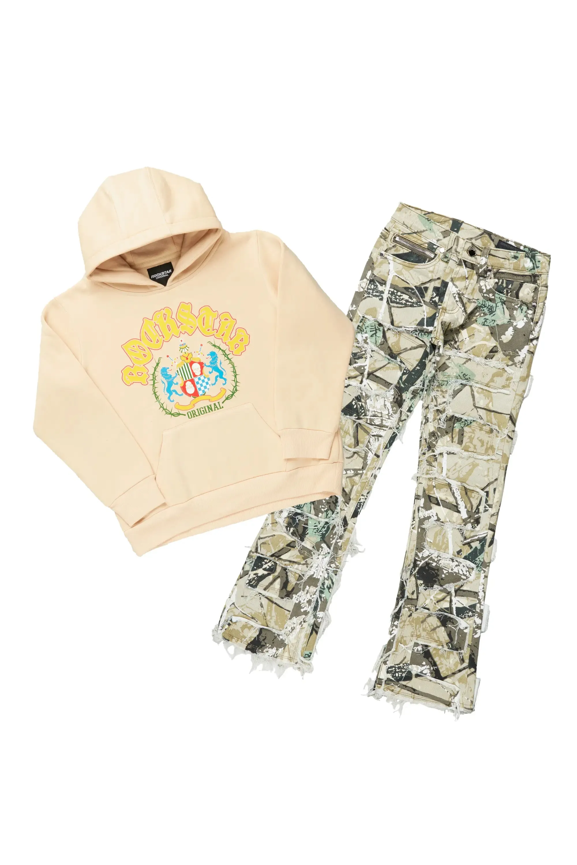 Boys Brody Beige Hoodie/Camo Stacked Flare Jean