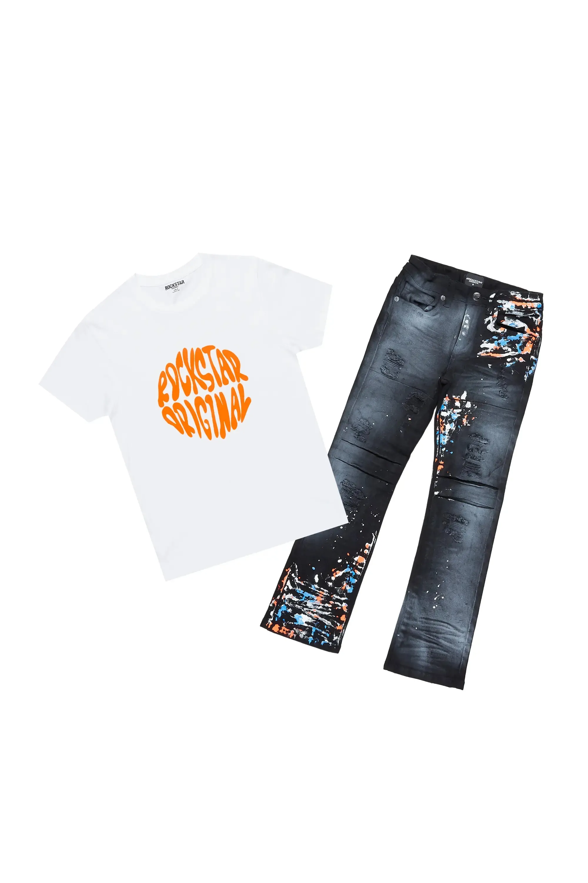 Boys Burrow White T-Shirt/Stacked Flare Jean Set