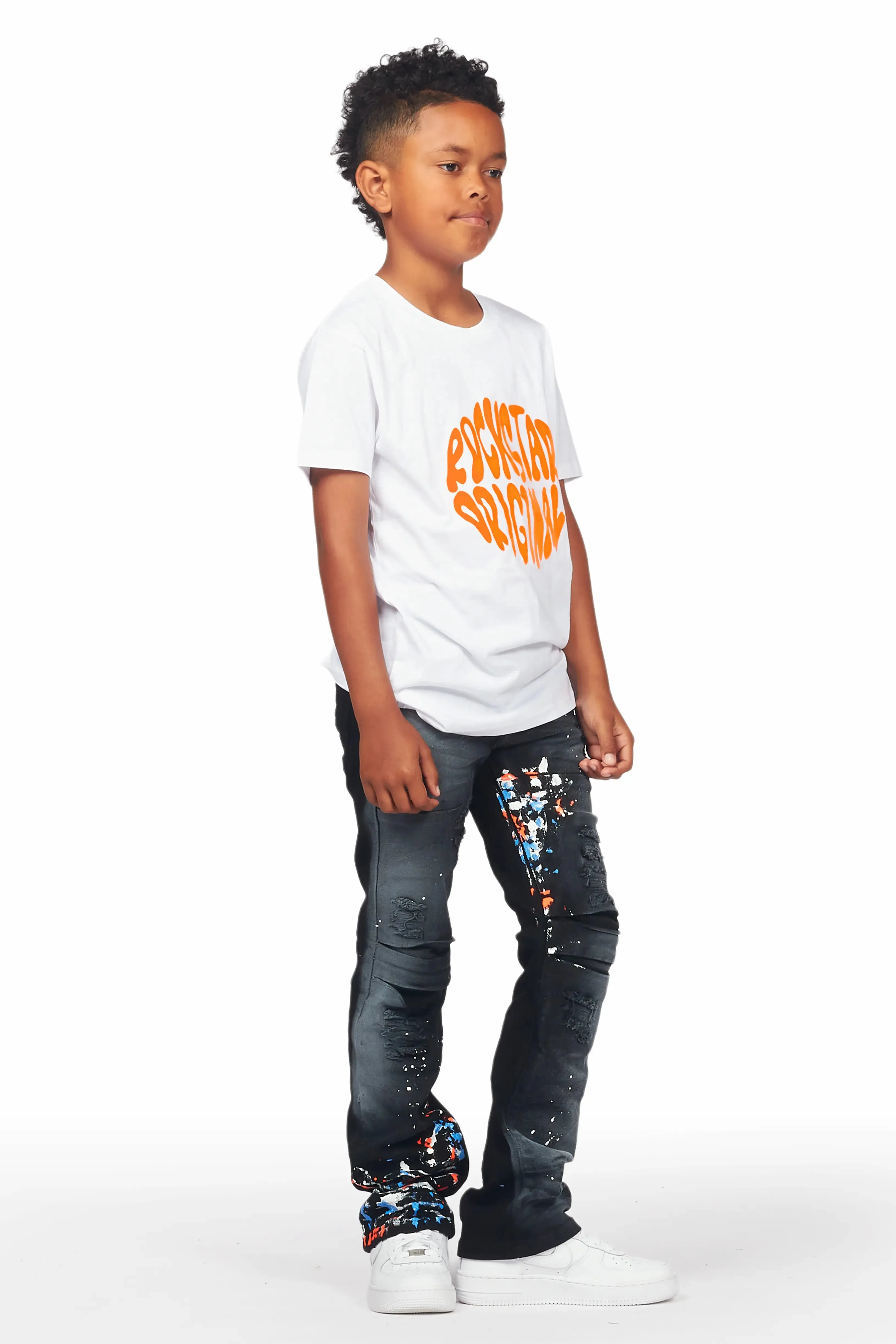 Boys Burrow White T-Shirt/Stacked Flare Jean Set