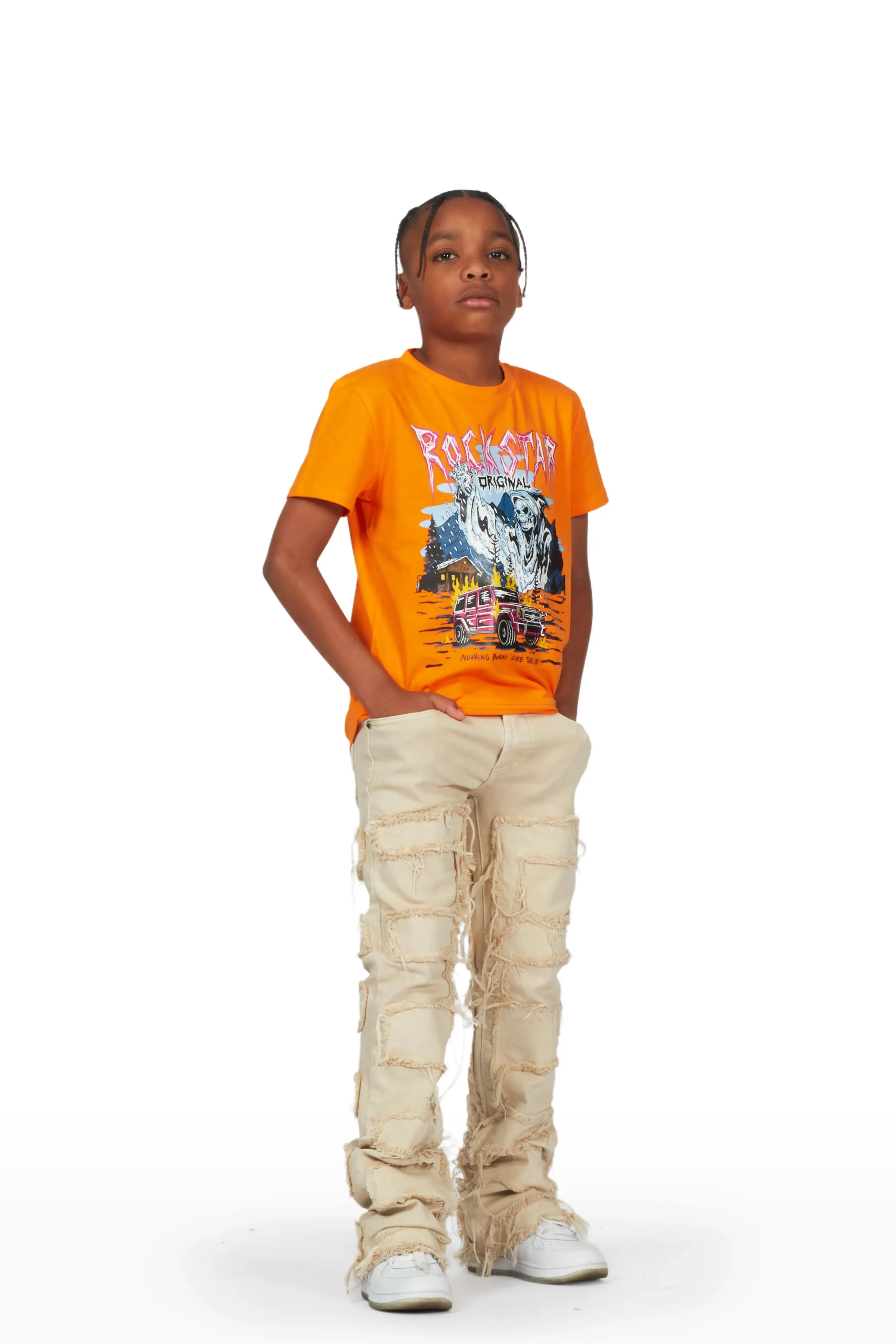 Boys Dale Orange T-Shirt/Stacked Flare Jean Set