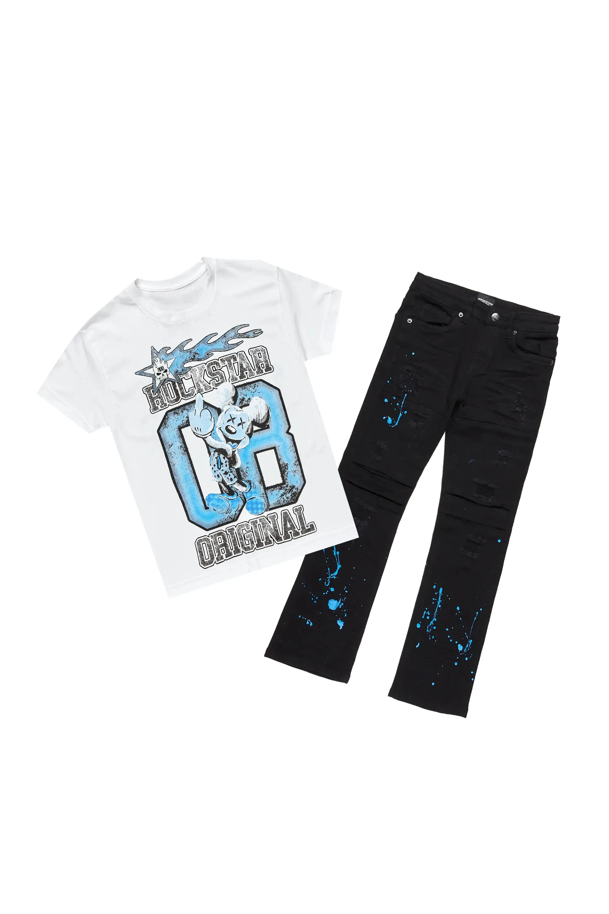 Boys Obed White T-Shirt/Stacked Flare Jean Set