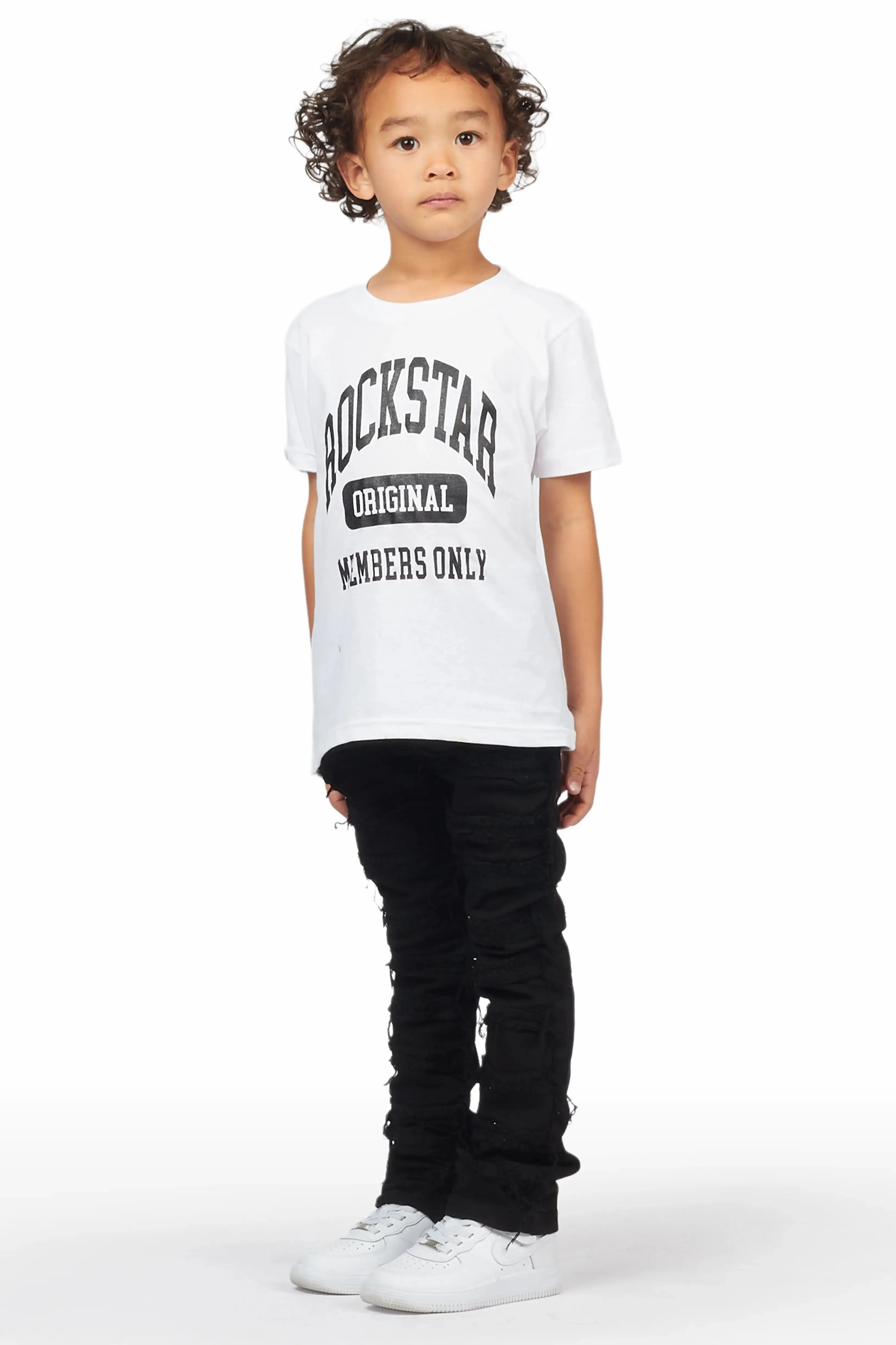 Boys Ofek White T-Shirt/Frayed Skinny Stacked Flare Jean Set