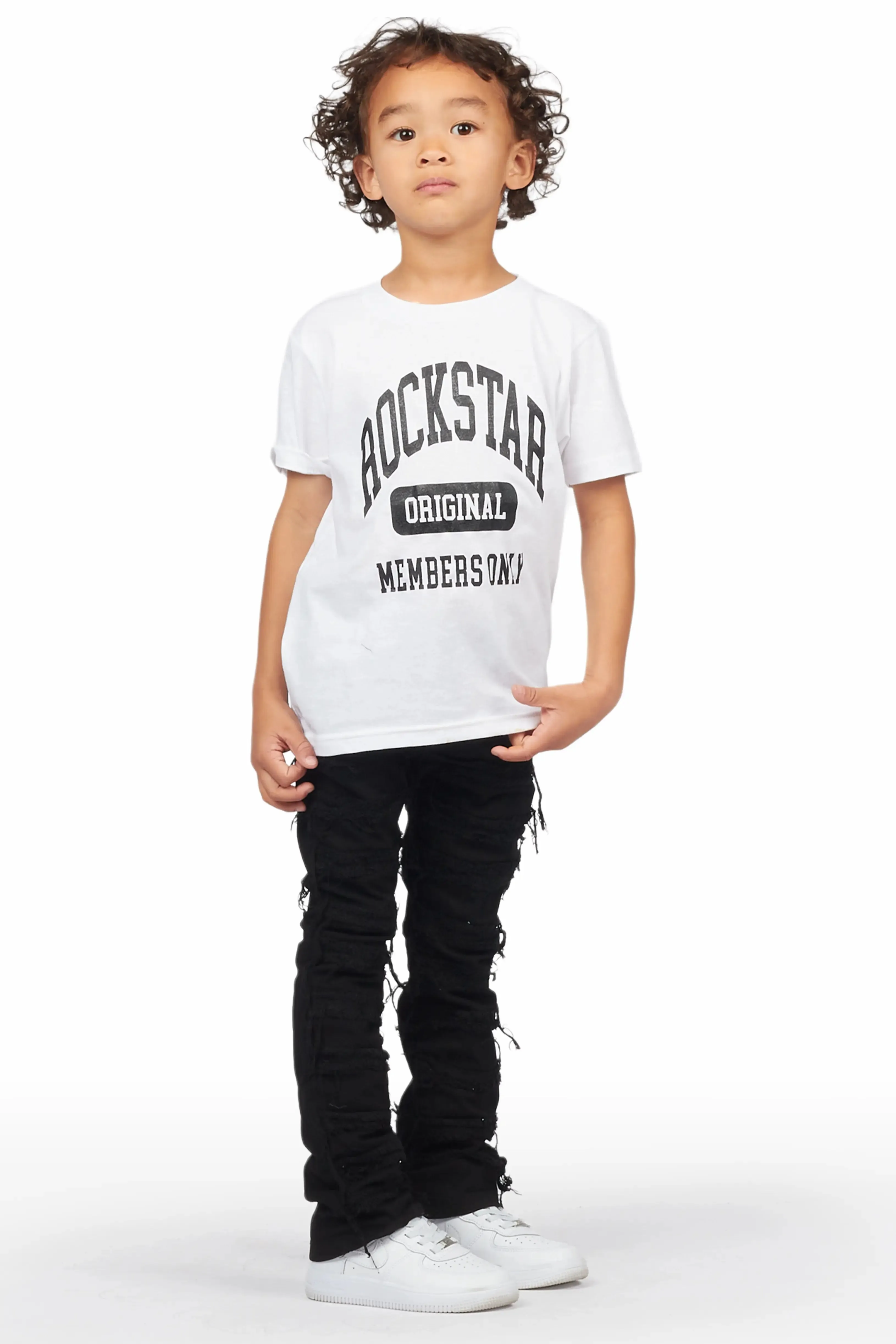 Boys Ofek White T-Shirt/Frayed Skinny Stacked Flare Jean Set