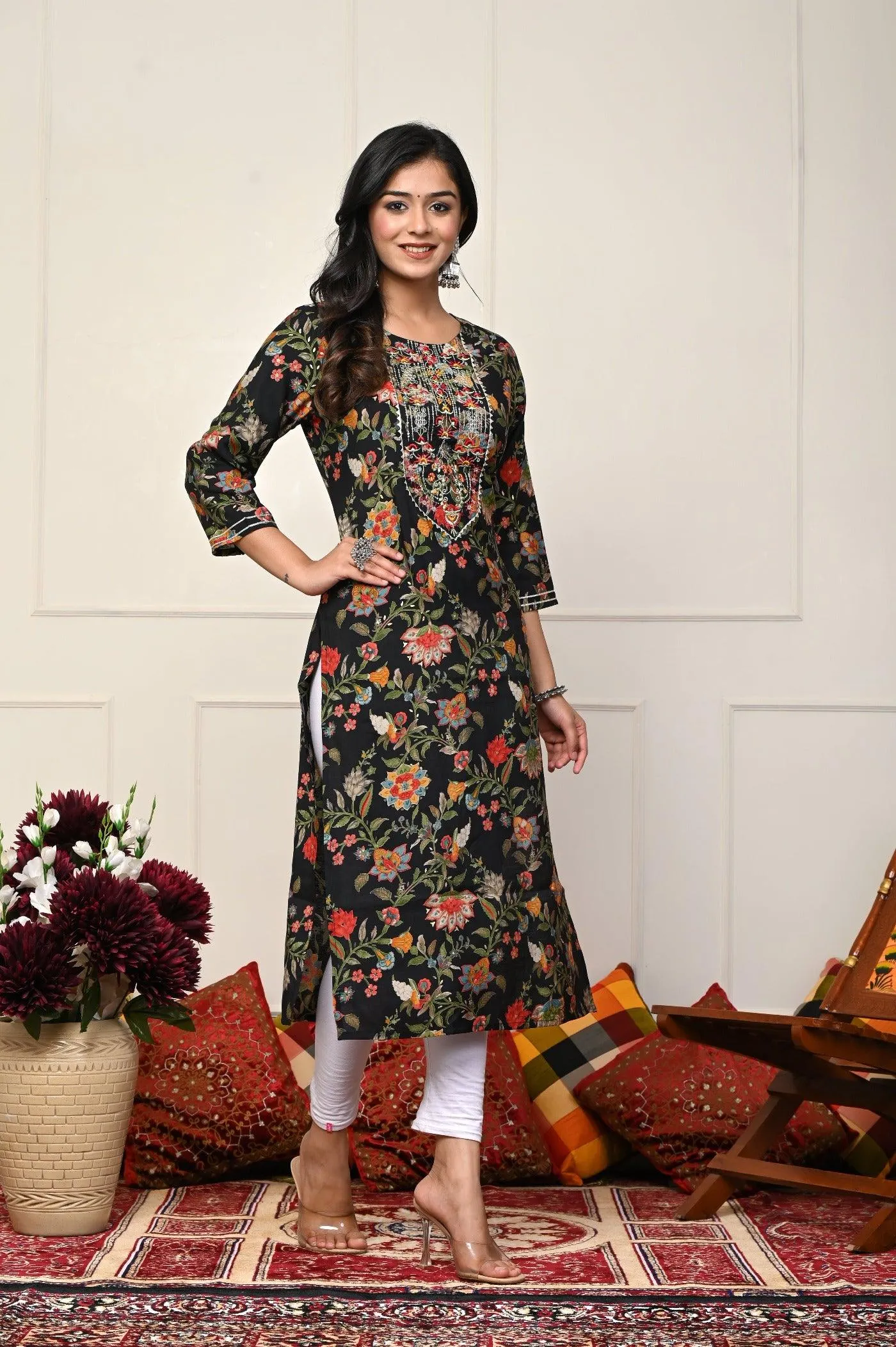 Brown with Multi-Color Flower Print Kurtis