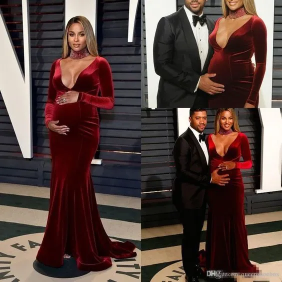 burgundy evening dresses long velvet African deep v neck pregnant plus size sexy formal party dress