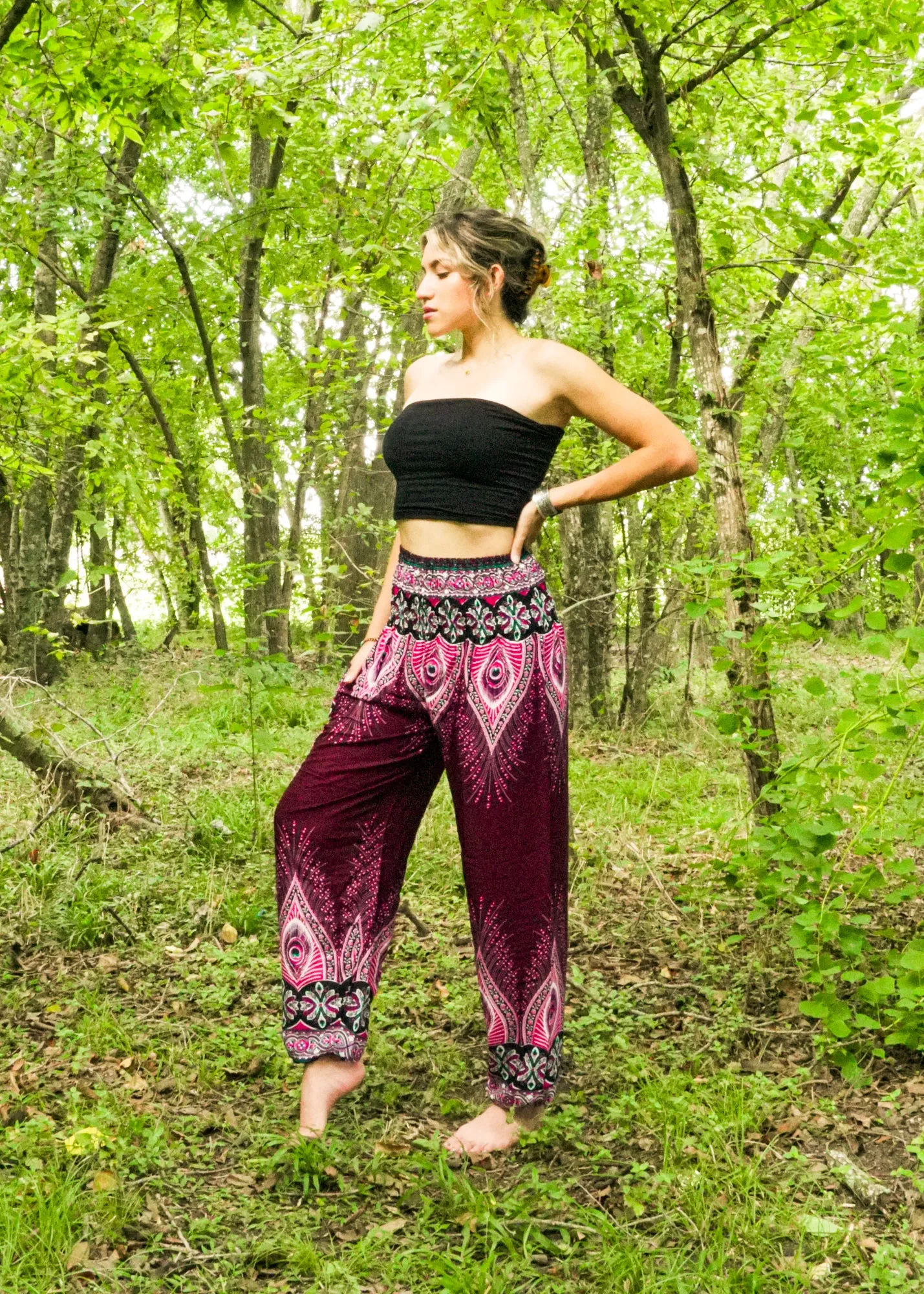 Burgundy Peace Peacock Harem Pants