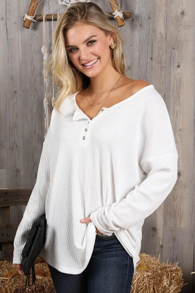 BUTTON PLACKET DETAILED LONG SLEEVE WAFFLE TOP