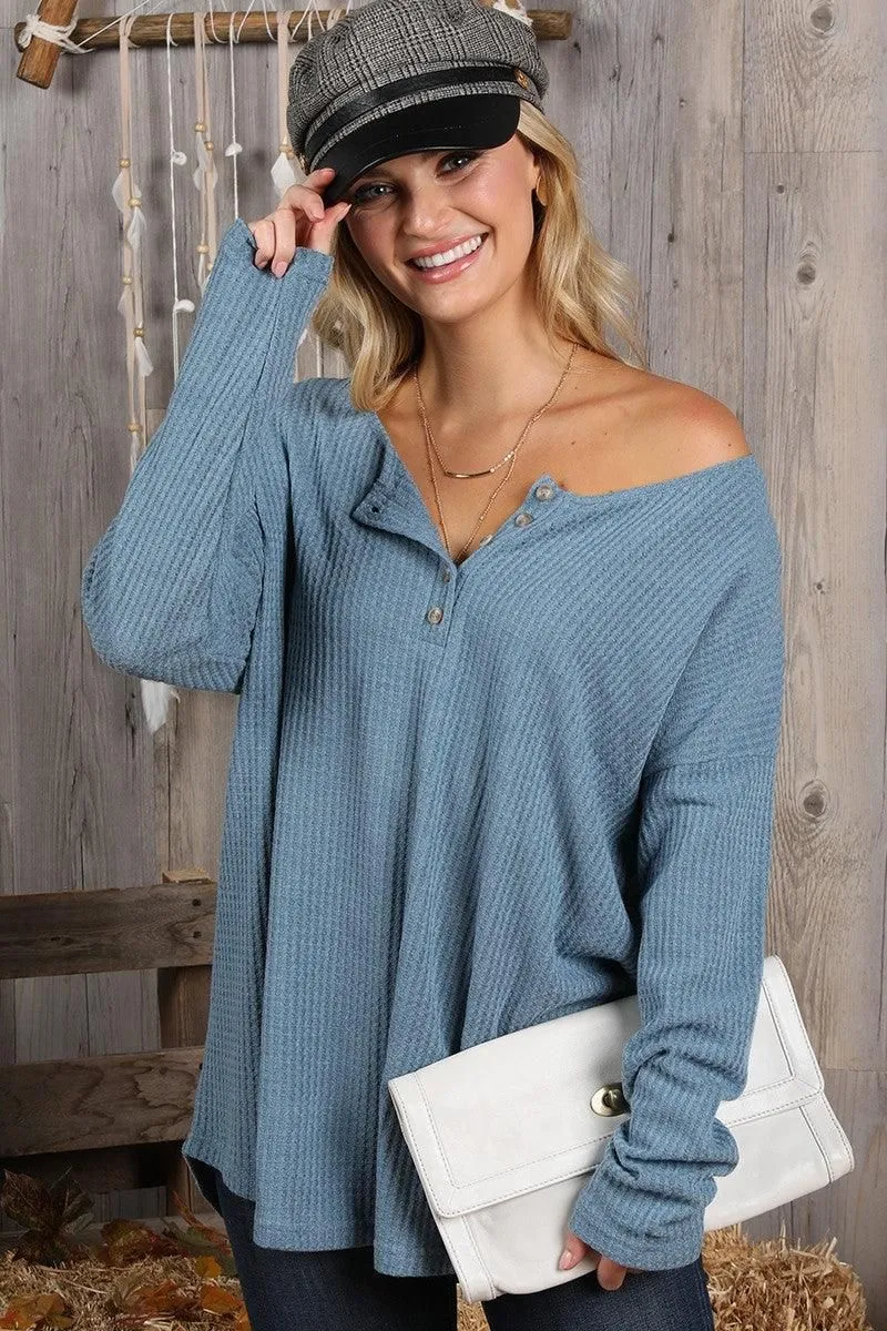 BUTTON PLACKET DETAILED LONG SLEEVE WAFFLE TOP